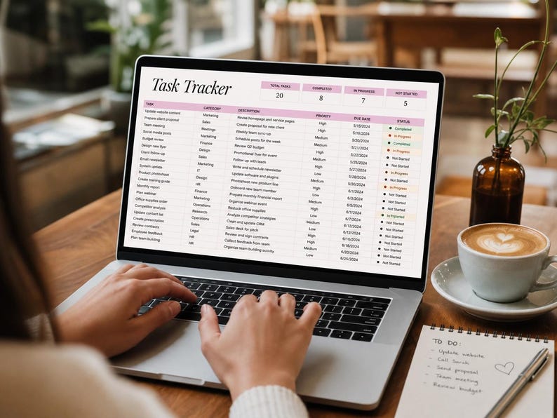 May include: A laptop screen showing a "Task Tracker" spreadsheet with tasks, categories, and deadlines. A coffee cup with latte art and a notepad with a to-do list sit on a wooden table. A small plant in a brown glass vase is also visible.