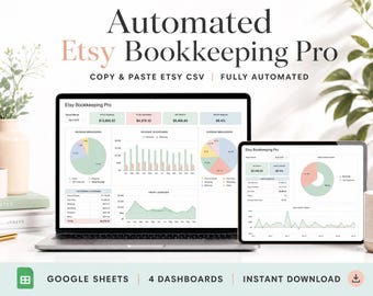 Etsy Seller Account Bookkeeping Spreadsheet, Google Sheets Automated Etsy Accounting Template, Small Business Income Expense Profit Tracker