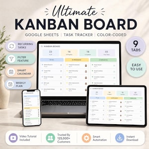 Könnte beinhalten: Ein digitales Kanban-Board zur Aufgabenverfolgung für Google Sheets, dargestellt auf einem Laptop, Tablet und Smartphone. Die Benutzeroberfläche bietet farbcodierte Spalten für Aufgaben, Zusammenfassungsfelder für Anzahlen und 9 Registerkarten.