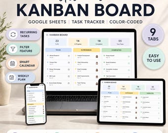 Kanban Board Spreadsheet for Google Sheets, Project Management Team Task Tracker, Small Business Workflow Planner, Multi Project Calendar