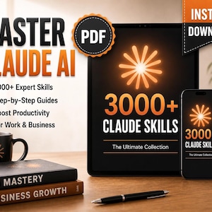 Può includere: Un display di prodotto digitale con un tablet e uno smartphone che mostrano 3000+ Claude Skills, una tazza nera, due libri impilati etichettati AI Mastery e Business Growth, una penna e una piccola statuetta di robot, con il testo Master Claude AI PDF.