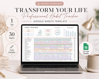 Habit Tracker Google Sheets | Daily Weekly Monthly Goal Planner Spreadsheet | Routine Dashboard Template Fitness Wellness Self Care Life