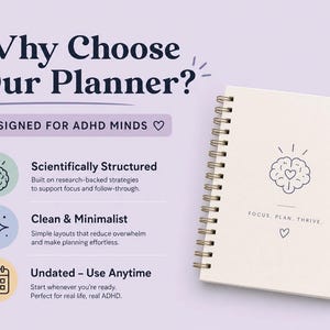 May include: A spiral-bound planner with a cream cover featuring a brain icon with a heart center and the text FOCUS, PLAN, THRIVE. The graphic includes text Why Choose Our Planner? Designed for ADHD Minds, Scientifically Structured, Clean & Minimalist, and Undated - Use Anytime with corresponding icons on a light purple background.
