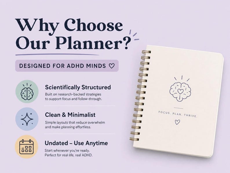 May include: A spiral-bound planner with a cream cover featuring a brain icon with a heart center and the text FOCUS, PLAN, THRIVE. The graphic includes text Why Choose Our Planner? Designed for ADHD Minds, Scientifically Structured, Clean & Minimalist, and Undated - Use Anytime with corresponding icons on a light purple background.