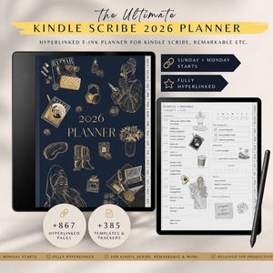 May include: Two black e-ink tablets showcasing a 2026 planner. One displays a dark blue cover with gold illustrations, the other a planner page. Text includes "Kindle Scribe 2026 Planner" and "Hyperlinked E-ink Planner for Kindle Scribe".