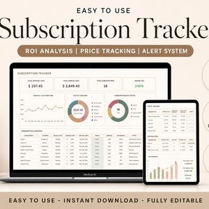 May include: A digital subscription tracker displayed on a laptop and tablet screen, featuring data tables, pie charts, and line graphs for ROI analysis and price tracking. The interface includes text labels for monthly costs, annual costs, and subscription status.