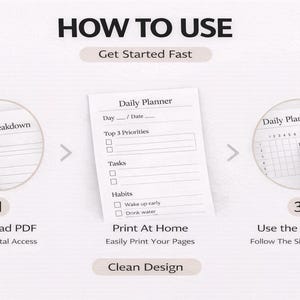 May include: An instructional graphic with the text "HOW TO USE" and "Get Started Fast." It shows a step-by-step guide for using a daily planner. The steps include downloading a PDF, printing at home, and using the planner.