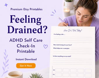 ADHD Self Care Check In Printable | Neurodivergence Planner Daily Reset | Emotional Check In PDF | Self Care Sheet