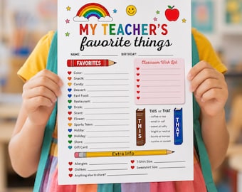 Teacher Favorite Things Printable, All About My Teacher Survey, Teacher Appreciation Gift, Editable Canva, Digital Download