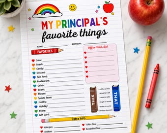 Principal Favorite Things Printable, My Principal's Favorite Things Survey, School Appreciation Gift, Office Wish List, Digital Download