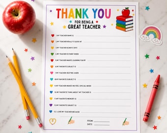 Teacher Appreciation Printable, All About My Teacher Worksheet, Thank You Teacher Gift, Fill in the Blank Activity, Editable Canva PDF
