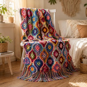 May include: A colorful, handmade crochet blanket draped over a white chair. The blanket features a repeating pattern of floral motifs in shades of pink, blue, yellow, and purple, with a fringed edge. The blanket is a cozy home decor item.