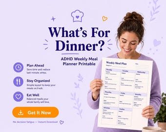 ADHD Weekly Meal Planner Printable PDF | Meal Prep Planner for Adults | Grocery List Included | Neurodivergent Food Planner