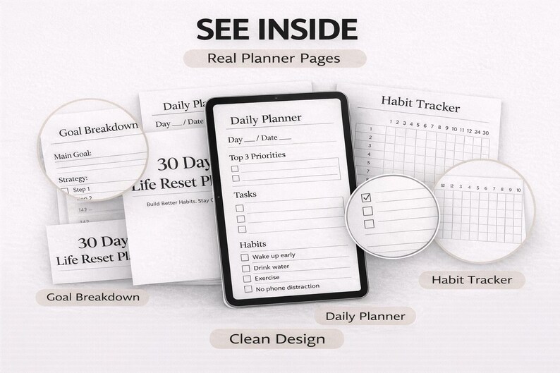 May include: A digital planner with "Daily Planner" and "Habit Tracker" pages, along with "Goal Breakdown" and "30 Day Life Reset Plan" pages. The image features the text "SEE INSIDE Real Planner Pages" and "Clean Design".