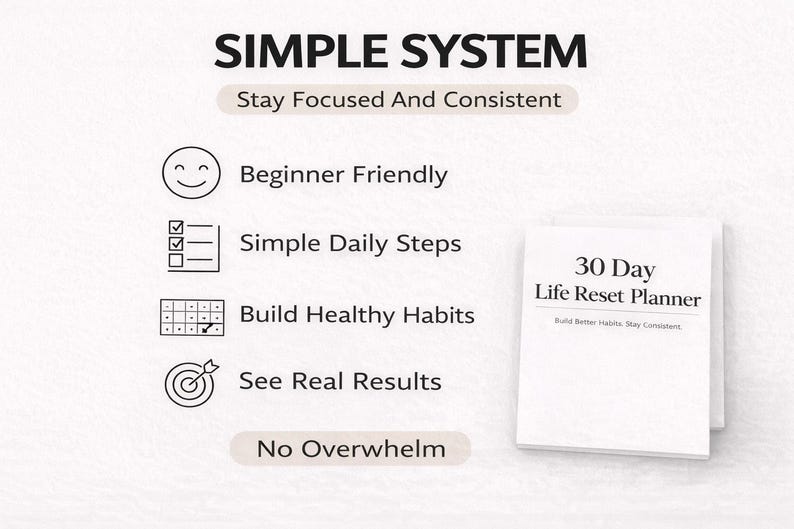 May include: A white planner titled "30 Day Life Reset Planner" with the text "Build Better Habits, Stay Consistent." The image also includes the words "SIMPLE SYSTEM" and "Stay Focused And Consistent."