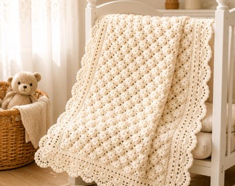 Crochet Blanket Pattern PDF, Shell Bobble Stitch,  Crochet Pattern with Photo Tutorial, Nursery Decor Throw