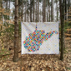 Pode incluir: Um cobertor colorido em forma do estado da Virgínia Ocidental pendurado em uma árvore em uma floresta. O cobertor é feito de quadrados de patchwork em várias cores e padrões.