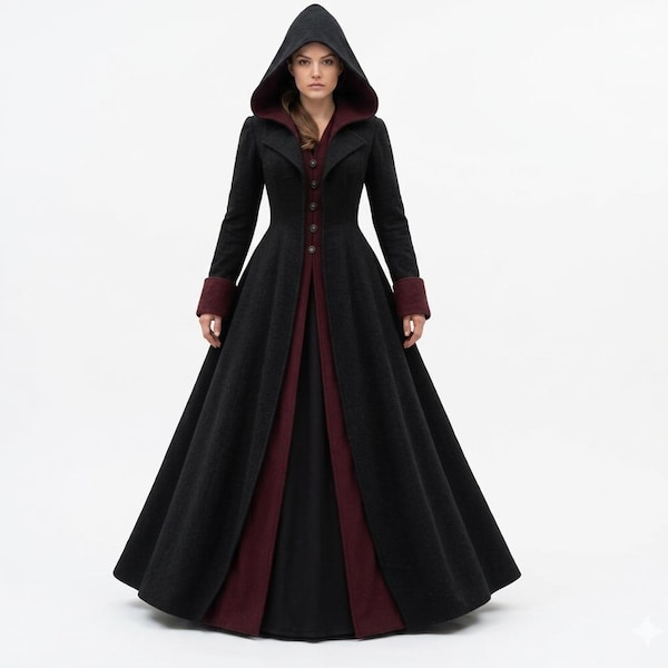 Gothic Wool Hooded Cloak Coat for Women, Long Medieval Renaissance Overcoat, Handmade Hooded Cape, Winter Cloak, Fantasy Outerwear, 5 Colors