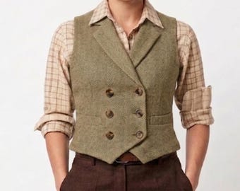Gilet da donna in tweed vintage color kaki / Gilet a spina di pesce anni '30 / Gilet doppiopetto slim fit / Classico stile sartoriale d'epoca