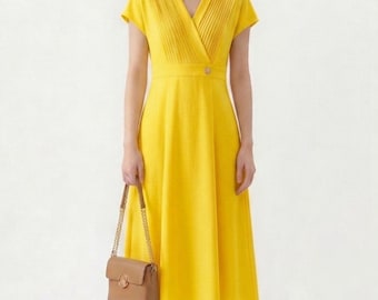 Abito midi estivo giallo da donna / Abito a trapezio con scollo a V / Abito casual a maniche corte / Abito lungo beige / Outfit estivo minimalista