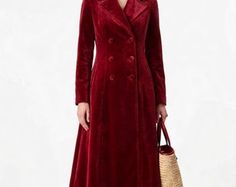 Cappotto da donna in velluto rosso / Cappotto lungo sartoriale / Soprabito slim fit a figura intera / Elegante cappotto invernale di lusso / Giacca in velluto con bottoni frontali