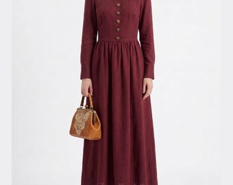 Abito lungo da donna in lino bordeaux / Abito lungo vintage regale in lino / Elegante abito casual primaverile / Outfit minimalista