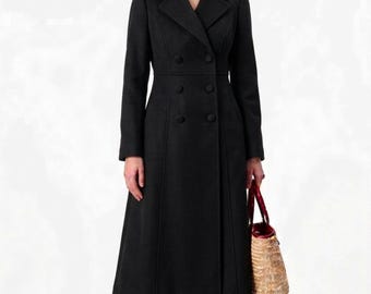 Cappotto lungo da donna in lana nera, modello sartoriale, vestibilità slim, cappotto invernale classico ed elegante con bottoni sul davanti.