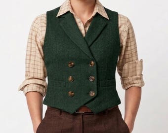 Gilet da donna in tweed verde scuro vintage / Gilet a spina di pesce anni '30 / Gilet doppiopetto slim fit / Classico stile sartoriale d'epoca