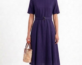 Abito midi in lino viola a portafoglio da donna / Abito estivo in lino a trapezio / Abito casual e fluido / Outfit minimalista in lino / Abito in lino taglie forti