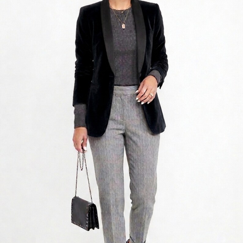 May include: A black velvet blazer with a satin lapel is paired with a gray ribbed sweater and gray pinstripe trousers. A small black purse with a chain strap completes the outfit. The ensemble is suitable for business or formal occasions.