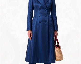 Cappotto da donna in seta blu / Cappotto lungo sartoriale / Soprabito slim fit lungo fino ai piedi / Elegante giacca di seta di lusso / Cappotto formale con bottoni sul davanti