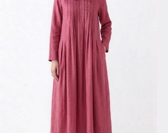 Abito lungo rosa in lino da donna / Abito plissettato dalla vestibilità ampia con tasche / Abito casual minimalista / Completo in lino Ylistyle / Taglie forti estive