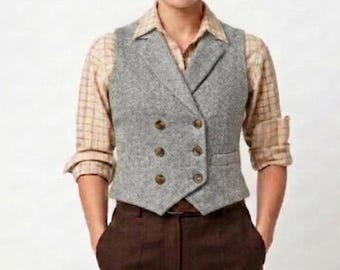 Gilet da donna in tweed vintage grigio chiaro / Gilet a spina di pesce anni '30 / Gilet doppiopetto slim fit / Classico stile sartoriale d'epoca