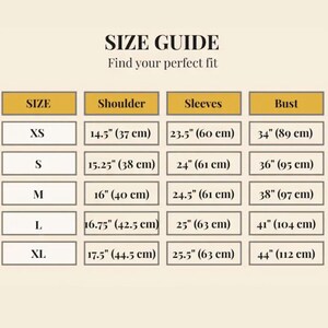 May include: A size guide chart with measurements in inches and centimeters. The chart includes sizes XS to XL, with shoulder, sleeve, and bust measurements. The text "SIZE GUIDE" and "Find your perfect fit" are at the top.