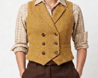 Gilet da donna in tweed giallo a spina di pesce / Gilet vintage anni '30 / Gilet doppiopetto slim fit / Stile classico sartoriale