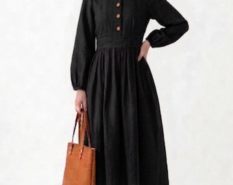 Abito midi in lino nero da donna / Abito a maniche lunghe d'ispirazione vintage / Elegante abito primaverile in lino / Outfit classico minimalista