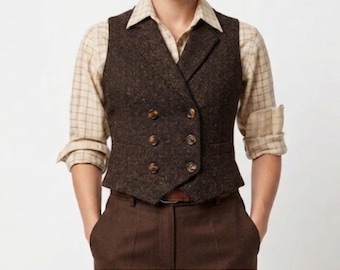 Gilet da donna in tweed vintage marrone scuro / Gilet a spina di pesce anni '30 / Gilet doppiopetto slim fit / Classico stile sartoriale tradizionale