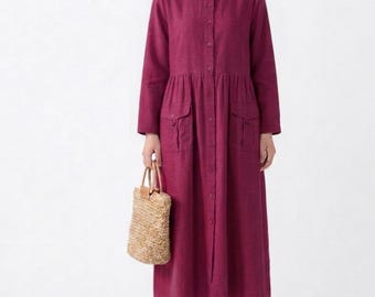 Abito camicia da donna in lino bordeaux / Abito midi con bottoni sul davanti e tasche / Abito casual a maniche lunghe / Outfit minimalista in lino