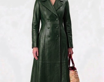 Cappotto da donna in pelle verde / Giacca lunga in pelle su misura / Cappotto slim fit a figura intera / Capospalla elegante e di tendenza / Cappotto di lusso con bottoni