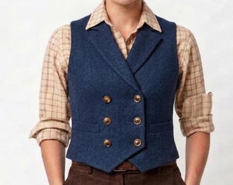 Gilet da donna in tweed blu a spina di pesce / Gilet vintage anni '30 / Gilet doppiopetto slim fit / Stile classico e sartoriale