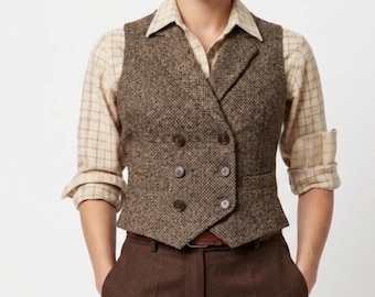 Gilet da donna in pregiato tweed a spina di pesce / Gilet vintage anni '30 / Gilet doppiopetto slim fit / Stile classico e sartoriale
