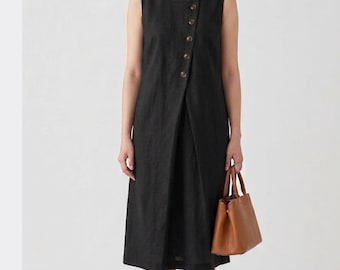 Abito midi da donna in lino verde / Abito tunica senza maniche / Abito estivo in lino biologico / Outfit casual minimalista