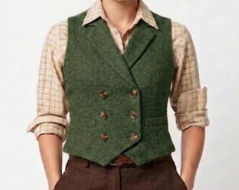 Gilet da donna in tweed verde vintage / Gilet a spina di pesce anni '30 / Gilet doppiopetto slim fit / Classico stile sartoriale d'epoca