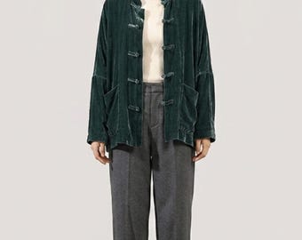 Spring Silk Velvet Jacket for Women, Elegant Velvet Top with Stand Collar, Frog Button Jacket, Vintage Chinese Style Blazer,