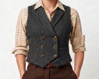 Gilet da donna in tweed vintage grigio scuro / Gilet a spina di pesce anni '30 / Gilet doppiopetto slim fit / Classico stile sartoriale d'epoca