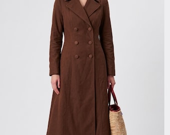 Cappotto da donna in cotone marrone / Giacca lunga casual in cotone / Cappotto leggero a figura intera / Capospalla minimalista per tutti i giorni / Cappotto con bottoni frontali