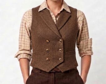 Gilet vintage da donna in tweed marrone / Gilet a spina di pesce anni '30 / Gilet doppiopetto slim fit / Classico stile sartoriale tradizionale