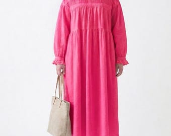 Abito midi in lino rosa da donna / Abito in lino taglie forti / Abito casual minimalista / Outfit estivo traspirante / Abito in lino per tutti i giorni