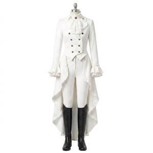 May include: A white, formal outfit consisting of a long-sleeved jacket with double-breasted buttons, a ruffled collar, and flared cuffs. The outfit includes matching pants and tall black boots. The jacket has a tailcoat design.