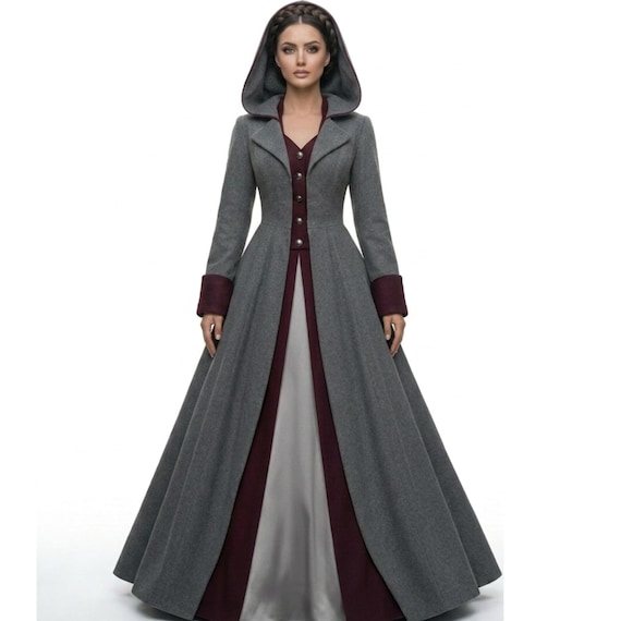 Long Hooded Wool Coat for Women, Victorian Winter Overcoat, Elegant Maxi Coat, Handmade Wool Coat, Gothic Winter Outerwear, 5 Colors